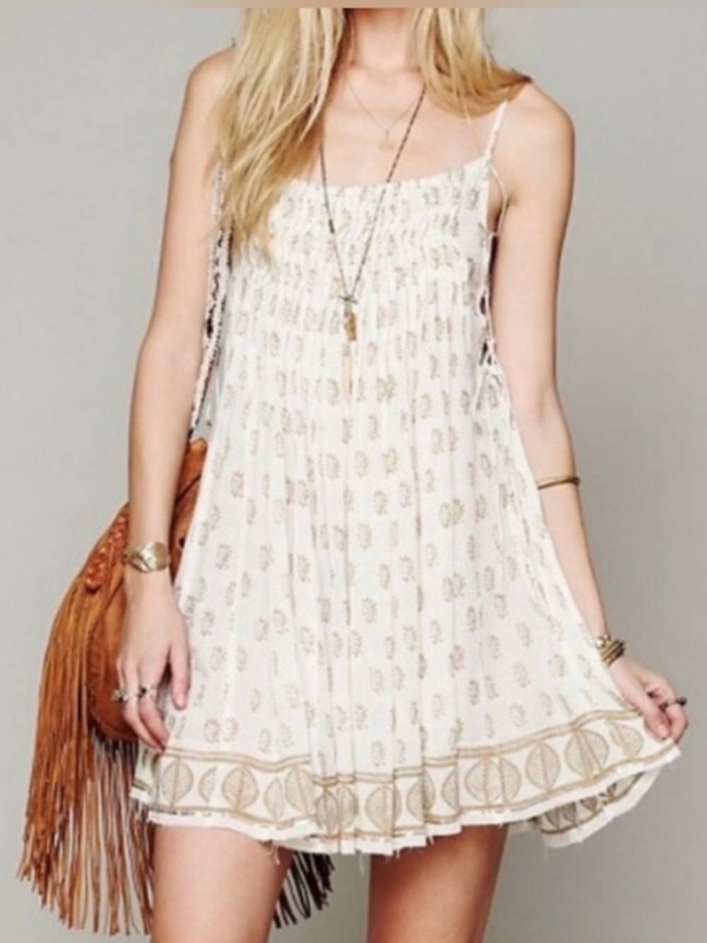 Free People White Palm Imperial Mini Dress with Gold Print